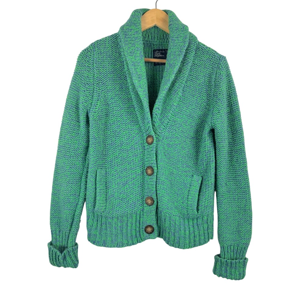 American Eagle Cardigan sz M Green Blue Chunky Knit Wool granola Y2K